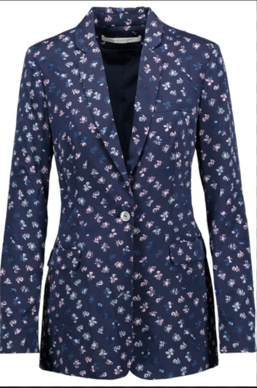 DVF Diane Von Furstenberg Vinley Womens Blue Floral Print Silk Blazer Jacket 6